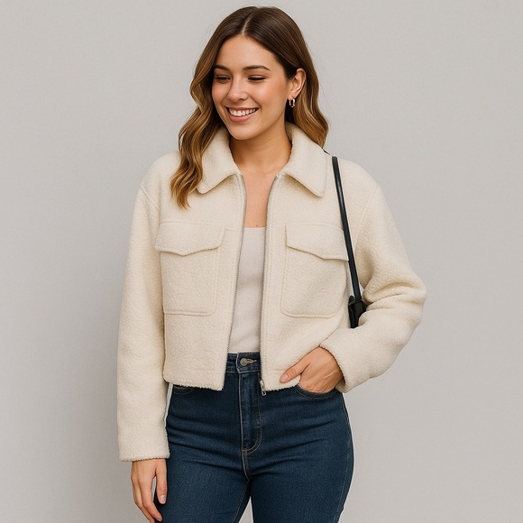 Elodie Women's Minimalist Cozy Full Zip Boucle Cream Jacket Sz XL - Picture 1 of 13